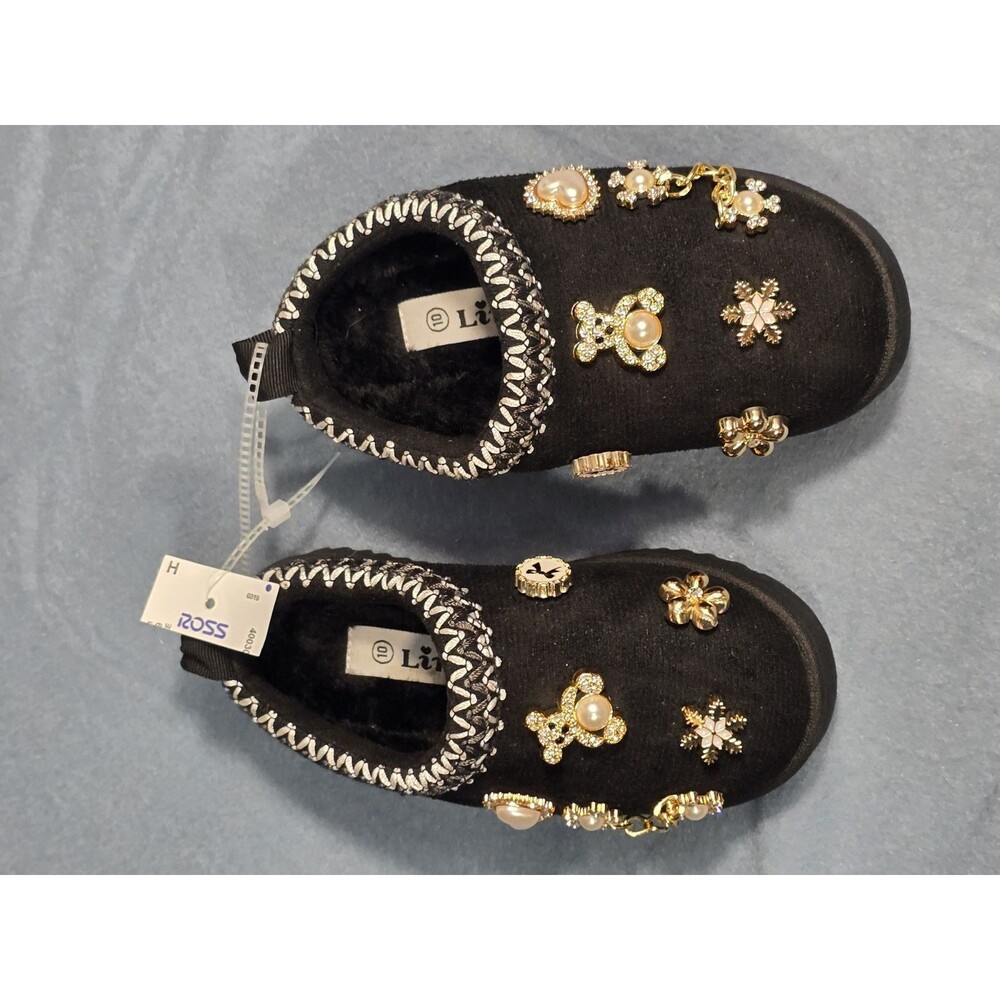 Girls' Pearl & Bear Charm Decor Fabric Faux-Suede Clogs  Sz 10